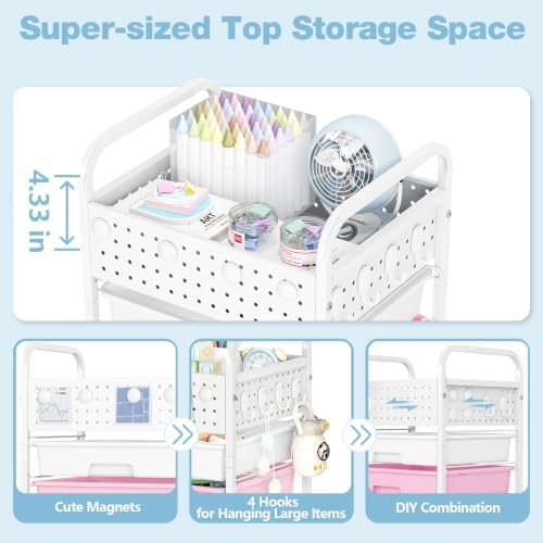 5 Drawer Rolling Storage Cart with Pegboard Top and Hooks, Pink&Blue - Image 4