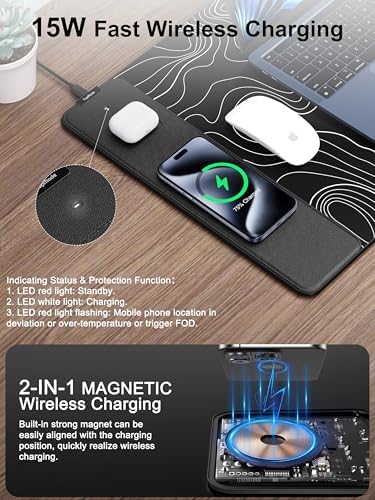 Mouse Pad with Wireless Charging, Large Desk Mat, Black Topographic Map #3 - Image 2