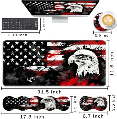 Keyboard Wrist Rest and Mouse Pad with Wrist Support Set Ergonomic Coaster,Memory Foam,Easy Typing Pain Relief,Large XL Desk Mat 31.5"x 11.8",Bald Eagle American Flag - Image 2