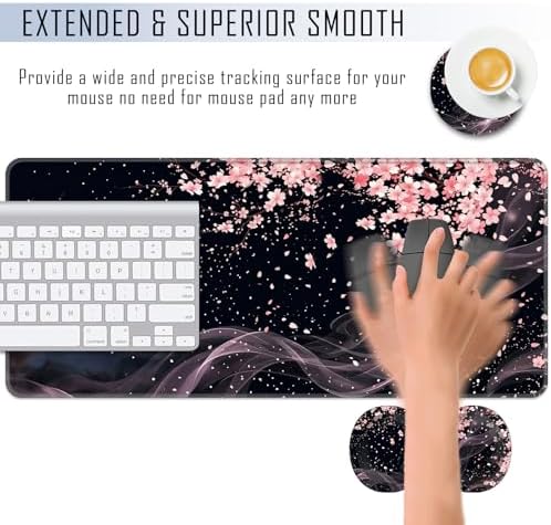 TGFEWYTJYJ Extended Gaming Mouse Pad,Memory Foam Ergonomic Keyboard Mouse Wrist Rest Support Set,Large Desk Mat with Stitched Edges,Non-Slip Base Mousepad Home Office,Cherry Blossom - Image 4