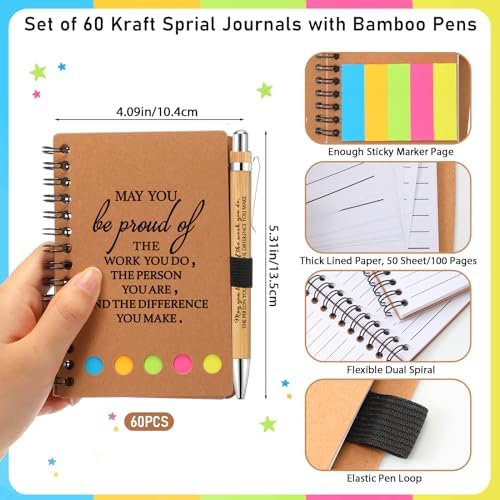 Chuangdi 60 Sets Teacher Appreciation Gifts Inspirational Spiral Notebook Journal with Sticky Notepad Pen Bulk Thank You Gifts for Coworker Team Office Supplies First Day of School Year (Kraft) - Image 2