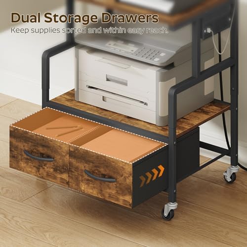 YATINEY Printer Stand, 3 Tier Printer Cart with Power Outlet and Fabric Drawers, Industrial Mobile Printer Table on Wheels, Printer Stand with Storage for Home Office, Study, Living Room PS03BR - Image 3