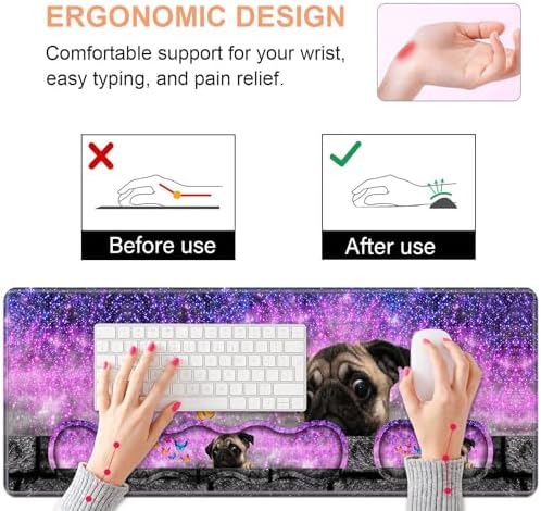 Ergonomic Keyboard Wrist Rest & Mouse Pad Wrist Rest Set, Large XXL Gaming Desk Mat 31.5"x 11.8" with Non-Slip Base, Memory Foam, Easy Typing Pain Relief for Home & Office, Cute Pug and Butterfly - Image 5