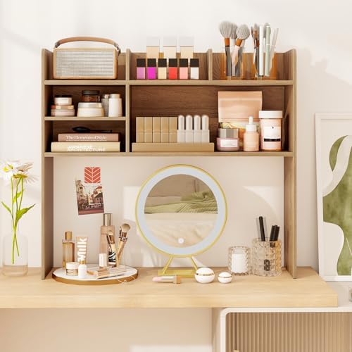 BECOMFORT Desk Hutch, Desk Organizer Shelf w/ 6 Storage Compartments, up to 32” Monitor, Wooden Display Rack, Desktop Bookshelf for Vanity Dressing Tabletop College Dorm Home & Office - Image 4