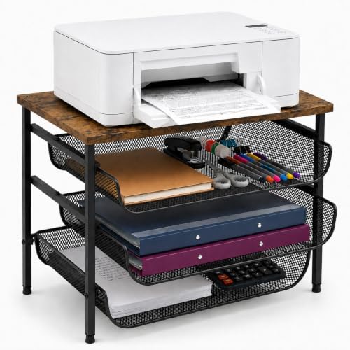 4-Tier Printer Stand with Storage for Desk, Wood Top, Black by Uwoodia