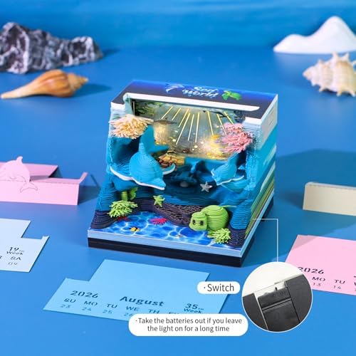 3D Calendar 2027, Desk Time Piece Calendar 2027,Tear-Away 3D Paper Art Notepad w LED Lights,Creative 3D Memo Artsy Pad Calendars, DIY Paper Carving Gift (Sea World) - Image 3