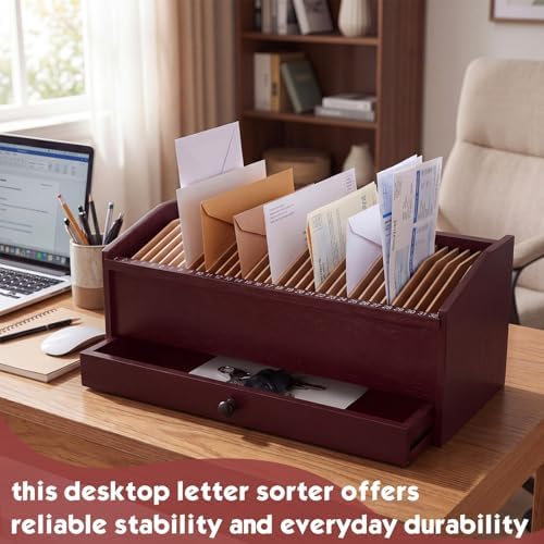 Wood Desktop Organizer with Drawer, 17 Inch 32 Section Bill & Mail & File Organizer Storage for Office Desk, Desktop Mail Holder and Office Supplies Storage, Letter and Paper Sorter(Brown) - Image 3