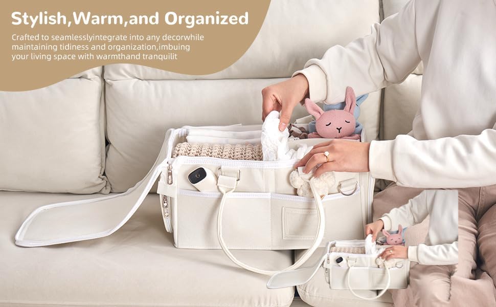 Portable Diaper Caddy, Large 17.1L Nursery Storage Basket with Handle, Baby Essentials Organizer for Changing Table, Travel Use, Beige - Image 4