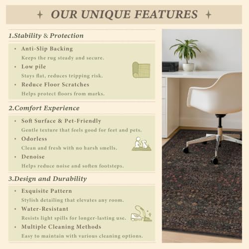 JTJ 5x6 Office Rug, Dark Brown Vintage Floral, Washable Non Slip - Image 6