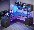 SEDETA Reversible L Shaped Gaming Desk with 6 Drawers, Hutch, Led Lights by SEDETA
