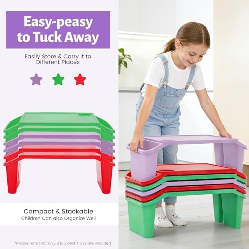 6 Pack Kids Lap Desk, Portable Plastic Lap Tray with Storage Slots and Cup Holder, Stackable Activity Table for Writing Drawing Snacks, 19.7x9.8x7.1 Inch - Image 6