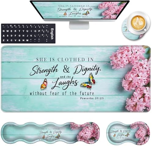 Keyboard Wrist Rest and Mouse Pad with Wrist Support Set Ergonomic Coaster,Memory Foam,Easy Typing Pain Relief,Large XL Desk Mat 31.5"x 11.8",Pink Hyacinth Bible Verse Proverbs 31-25 by CICPLKSE