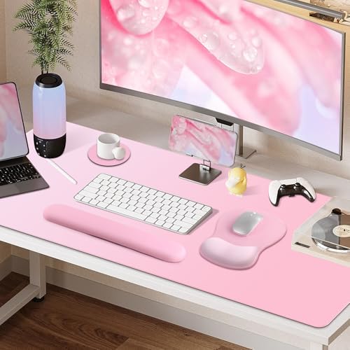 4-in-1 Large Gaming Mouse Pad, Keyboard Wrist Rest Pad & Wrist Support Mousepad Set, Extended Desk Pad Waterproof Desk Mat for Girl Women Home Office Decor Study Game 35.4×15.7 Inches I Soft Pink - Image 5