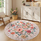 DUKINO 5ft Round Rug, Non Slip Floral Washable Small Circle Rug, Beige - Image 4