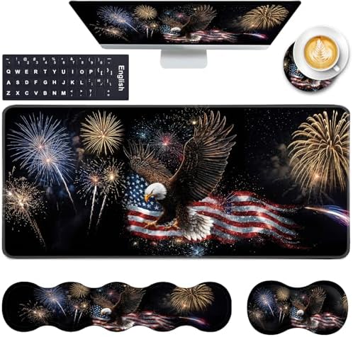 Keyboard Wrist Rest and Mouse Pad with Wrist Support Set Ergonomic Coaster,Memory Foam,Easy Typing Pain Relief,Large XL Desk Mat 31.5"x 11.8",Eagle Fireworks Flag by CICPLKSE