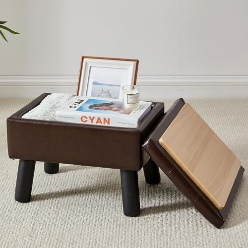 Storage Ottoman, Small Foot Stool Ottoman with Storage, Faux Leather Foot Rest with Wood Legs, Footstool for Living Room, Bedroom, Entryway, Brown by FIMIVIBI