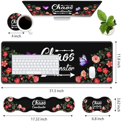 4 in 1 Ergonomic Memory Foam Mouse Pad Wrist Rest Set, Large Gaming Desk Pad + Keyboard Wrist Rest + Mouse Wrist Cushion + Coaster for Home Office Study Gaming, Colored Floral Quote Chaos Coordinator - Image 2