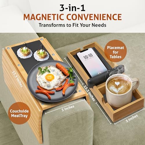 Magnetic Bamboo Couch arm tray - 3 in 1 Detachable Bamboo Sofa Arm Tray Table with Cup Holder - Foldable Non Slip Couch Armrest Table For Remote, Cell-Phone & Drinks, Snacks – Space-Saving,17.6"x13.3" - Image 2