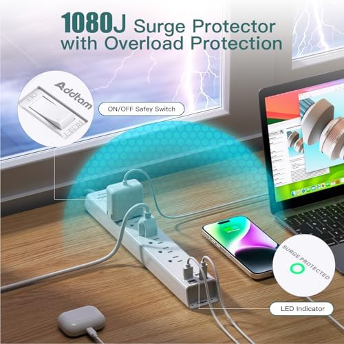 Addtam Power Strip Surge Protector - 15ft Long Extension Cord - Image 5