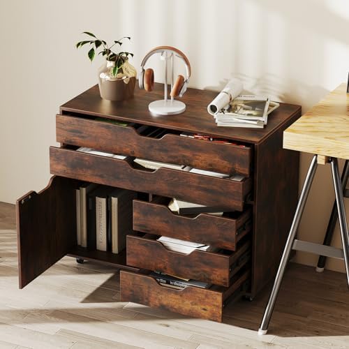 GOFLAME 5-Drawer Mobile File Cabinet, Rolling Lateral Filing Cabinet with Drawers and Storage Compartment, Modern Printer Stand with Wheels for Living Room, Study, Home Office, Rustic Brown - Image 2