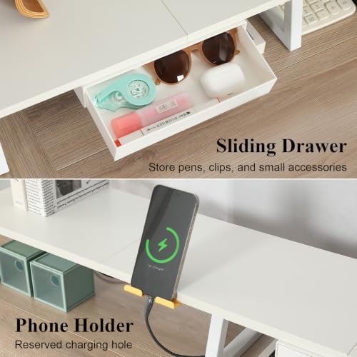 TEAMIX 42 inch Dual Monitor Stand with Storage Drawer & Phone Holder, White - Image 3