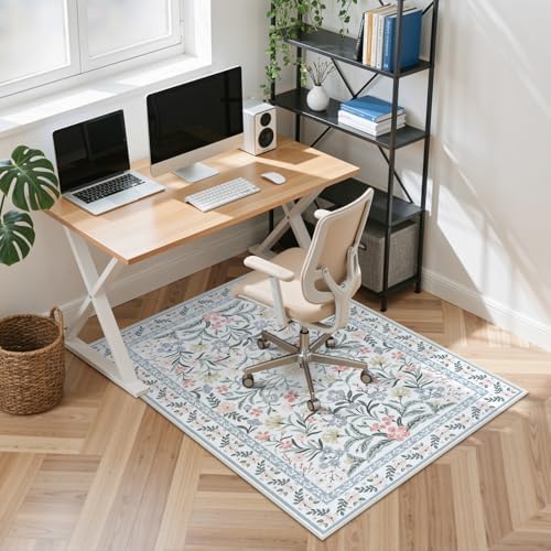 Anidaroel Desk Chair Mat for Hardwood Floor/Tile Floor, 36"x48" Boho Computer Chair Mat, Anti-Slip Floral Office Rugs for Rolling Chairs, Low Pile Beige Desk Chair Mats for Hardwood by Anidaroel