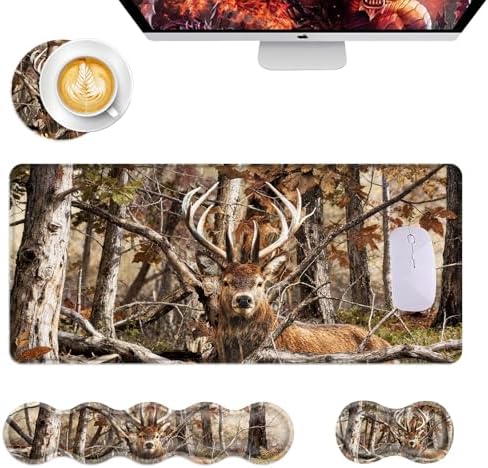 Mouse Pad,Large Desk Mat Set, 4in1 XL Mousepad + Keyboard Wrist Rest+Mouse Wrist Rest+Coaster with Ergonomic Desk Pad for Home Office Table Computer Cover -Camo Forest Deer by Unknown