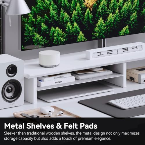 FENSULN Dual‑Tier Monitor Stand for Minimalist Wooden and Metal Riser Shelf Desktop Stands Organizer with Underneath Storage for Dual Monitors, Laptops, Home Office Aesthetic White - Image 4
