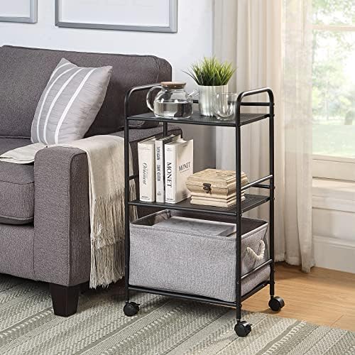 SunnyPoint 3-Tier Rolling Utility Cart – Metal Storage Organizer with Wheels, Mobile Kitchen Cart, Office & Home Organizer, Black, 12" D x 16.92" W x 31.1" H - Image 2