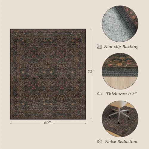 JTJ 5x6 Office Rug, Dark Brown Vintage Floral, Washable Non Slip - Image 2