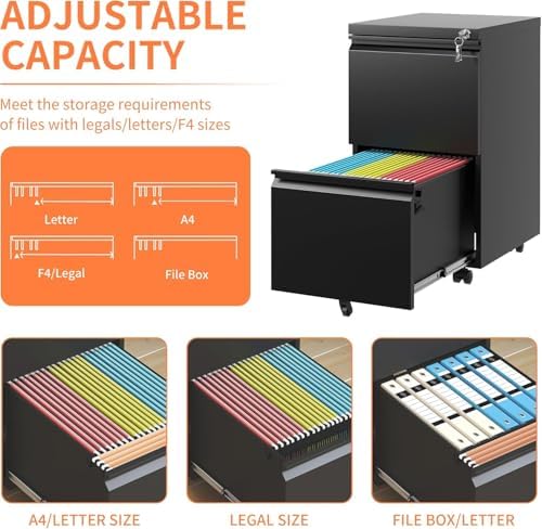 Guizeeopo 2 Drawer Locking File Cabinet, Fully Assembled Heavy-Duty Metal Filing Cabinets for Home Office, Quiet Slides, Anti-Tipping Wheels, Fits A4/Letter/Legal, Matte Black - Image 6