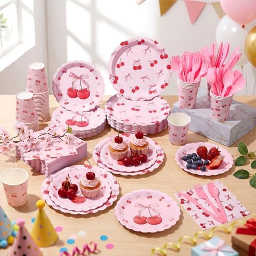 400 Pcs Cherry Birthday Party Decorations for 50 Guests, Red Pink Cherry Bow Scalloped Paper Plates Napkins Cups Cutlery for Pink Bow Coquette Baby Shower Bridal Shower Party Supply - Image 6