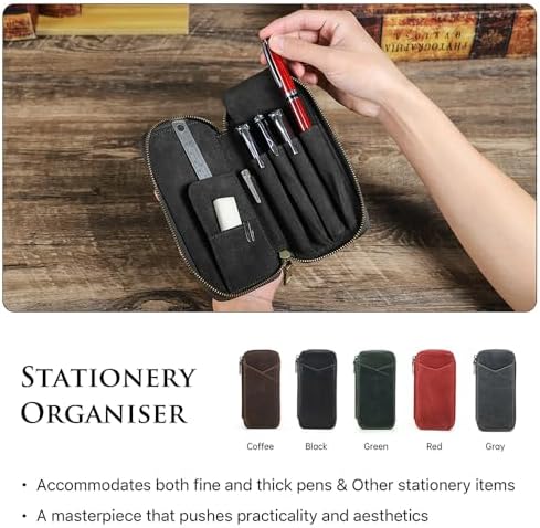 CONTACTS Full Grain Leather Pencil Case Handmade Vintage Zipper Pen Holder Pouch with Card Slot Pens Organizer Pockets Stationery Bag for Men and Women (Grey) - Image 2