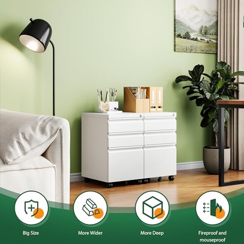 Letaya 3 Drawer Mobile File Cabinet with Lock, Under Desk Metal Filing Cabinets for Home Office Organizer Letters/Legal/A4(Fully Assembled-White) (Pack of 2) - Image 4