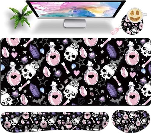 Large Gaming Mouse Pad Set 35.4 x 15.7 with Keyboard Wrist Rest, Wrist Support, and Coaster Memory Foam Smooth Desk Pad Mousepad for Home Office School - Skull Goth Magic Cute Witchy by Unknown