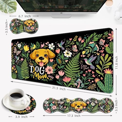 Desk Mat, Mouse Pad with Wrist Rest, 4-in-1 Large Mouse Pads for Desk, Ergonomic Mouse Pad and Keyboard Wrist Rest Gaming Keyboard Mat for Office,Dog Mom Flower - Image 6