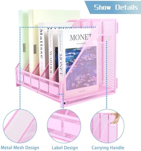 Desk Organizers Metal Magazine File Holder Racks Desktop Folder Storage Binder Organiser Document Organization for Home Office & Classroom,5 Vertical Compartments-Pink - Image 3
