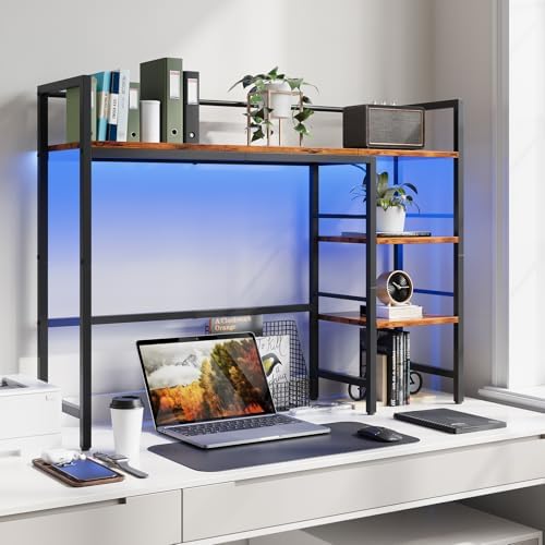 HavenlyYouth Desk Shelf with LED Light Strip, 3-Tier Storage Desktop Organizer Shelf, 38.6" Wood Desktop Bookshelf for Computer Monitor, Desk Hutch for Home Office Dorm, Rustic - Image 4