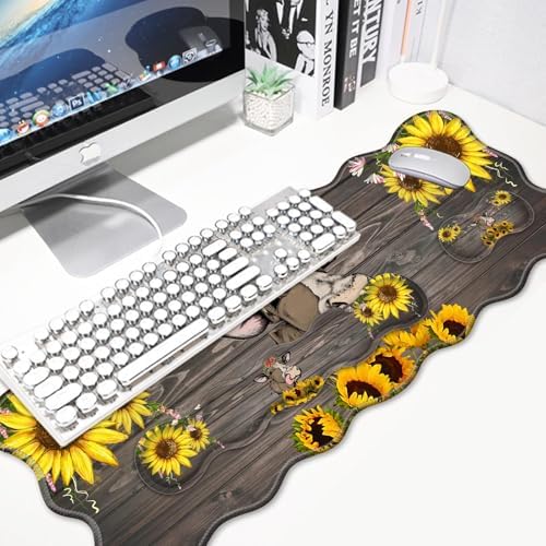 4 in 1 Desk Mat Set,Mouse Pad with Keyboard Wrist Rest,Wave-Shaped Design,Non-Slip Rubber Base,Waterproof,for Home,Office,Gaming,Cute Cow and Sunflower - Image 3