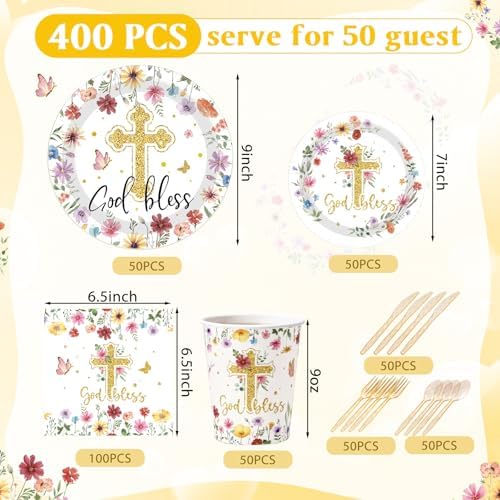 400 Pcs God Bless Flower Baptism Party Decoration Girl for 50, First Communion Confirmation Paper Plates Napkins Cups Cutlery Baptism Tableware for Christening Baby Shower Party Supply - Image 3
