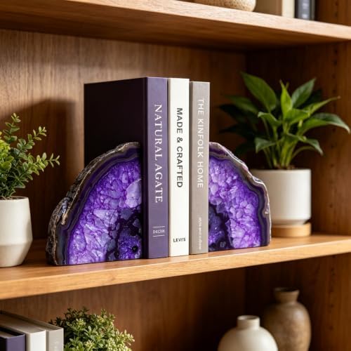Natural Purple Dyed Agate Geode Bookends - 3 to 4 lb Heavy Duty Rock Crystal Stone Book Ends for Shelves, with Rubber Bumpers, Decorative Book Holders for Home Office - Image 7