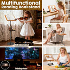 2 in 1 Dual-use Music Stand & Desktop Book Stand, Adjustable Height 16.5"-51", 100% Solid Wood Laptop Floor Stand Book Holder with Elastic Page Clips for Cookbooks (Brown with Tray) - Image 4