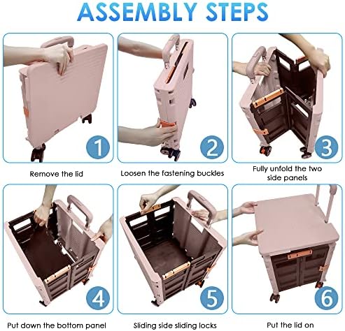 Foldable Utility Cart Portable Collapsible Crate Rolling Carts with Wheels Rolling Tote Basket Teacher Cart with Lid Wear-Resistant 360°Rotate Wheel Noiseless for Shopping Storage Office Use - Image 7