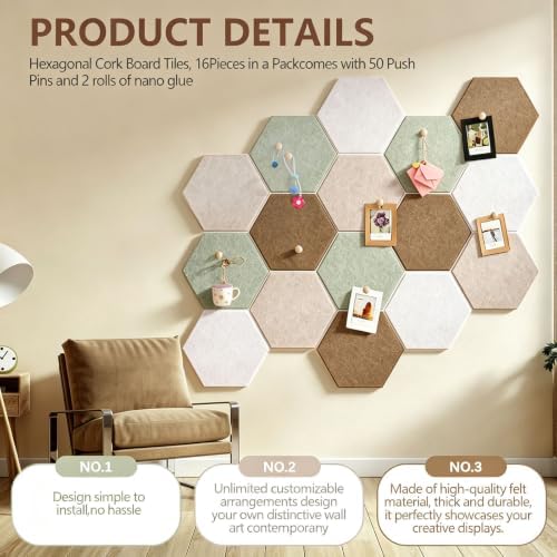 6.7 x 5.9 in 16 Pcs Hexagon Cork Board Tiles, Felt Pin Boards, Sage - Image 3