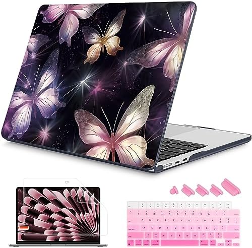 Mektron for 2026/2025/2024/2023 MacBook Air 15 INCH M5 A3448 /M4 A3241 /M3 A3114 /M2 A2941 Case, Printed Plastic Hard Shell Cover with 15.3" Liquid Retina Display Touch ID, Glittering Butterfly by Mektron