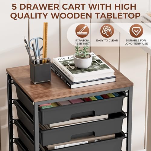 SYKIARIOL 5-Tier Rolling Cart with Drawers with Wooden Top, Black - Image 6
