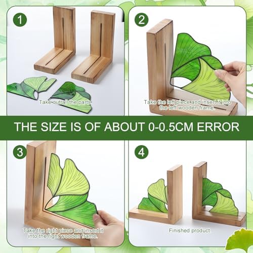 Maitys Ginkgo Leaves Bookends Oak Base, Green for Desk Shelves - Image 2