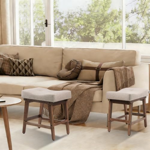 Vanity Stool, Saddle Seat Vanity Stool Chair with Wood Legs, Small Square Linen Makeup Chairs for Vanity, Modern Makeup Bench Under Desk for Living Room, Bedroom, Ottoman Foot Rest Stools, Linen Beige - Image 2
