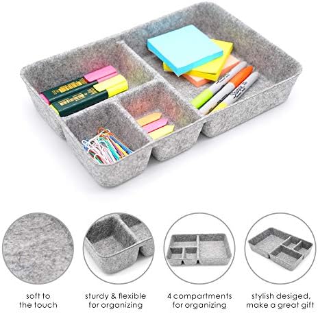 Welaxy Junk Drawer Organizer bin 4 Compartments Office Organizers Bins Felt Trays Drawers 2 dividers Multi-Purpose Storage (Grayx2) - Image 4