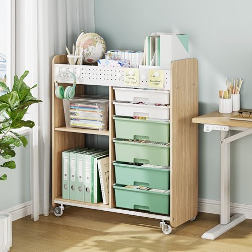 Rolling Craft Cart with 6 Drawers, Pegboard and Locking Wheels Green - Image 2